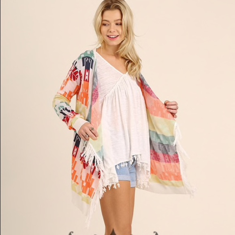 LONG SLEEVE PRINT CARDIGAN WITH FRINGE DETAILS